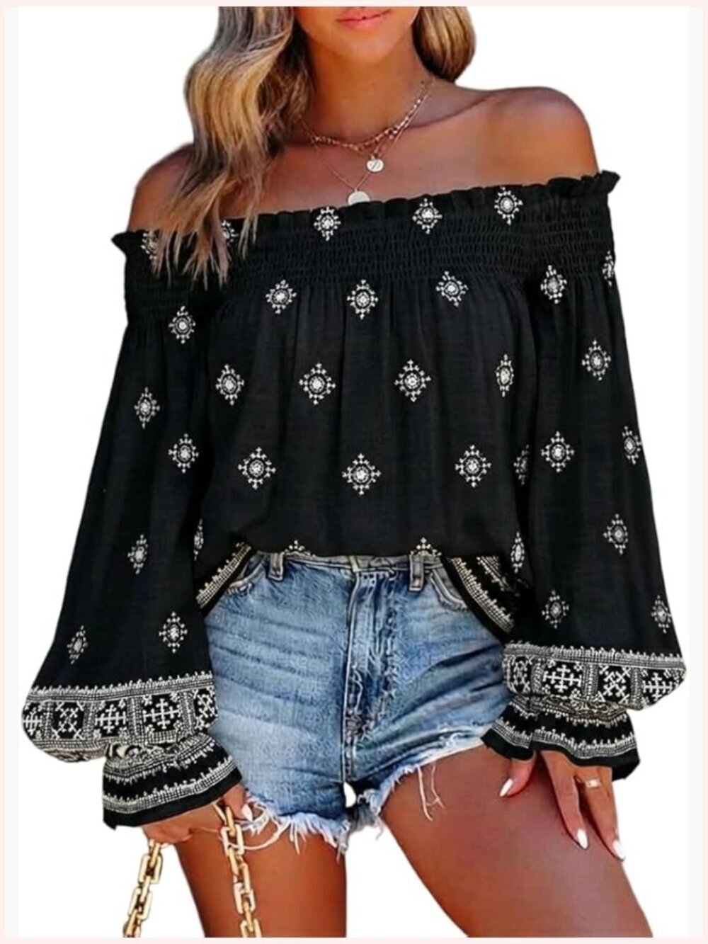 Off Shoulder Linen Blouse Lantern Sleeve Shirred Neck Frill Hem Vacation Top